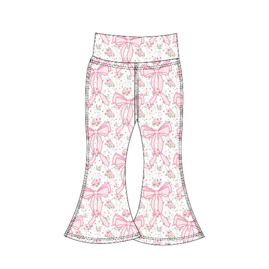 (Pre-order)P0773 Pink Flowers Bows Girls Yoga Bell Bottom Pants