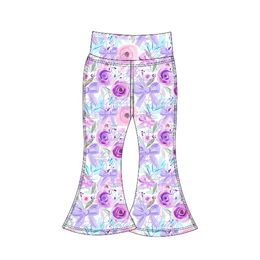 (Pre-order)P0774 Purple Flowers Bows Girls Yoga Bell Bottom Pants
