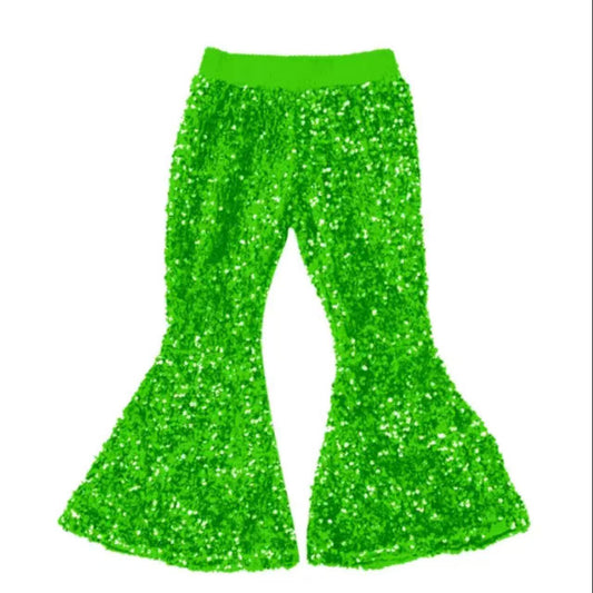 (Pre-order)P0777 Girls Green Sequins Bell Bottom Pants
