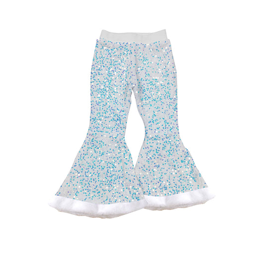 (Pre-order)P0793 White Sequins Girls Fur Bell Bottom Pants