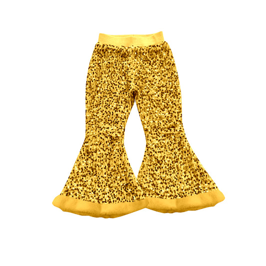 (Pre-order)P0796 Gold Sequins Girls Fur Bell Bottom Pants