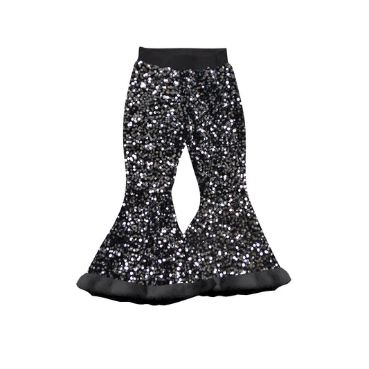 (Pre-order)P0799 Black Sequins Girls Fur Bell Bottom Pants