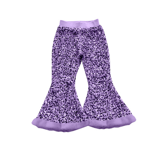 (Pre-order)P0800 Purple Sequins Girls Fur Bell Bottom Pants