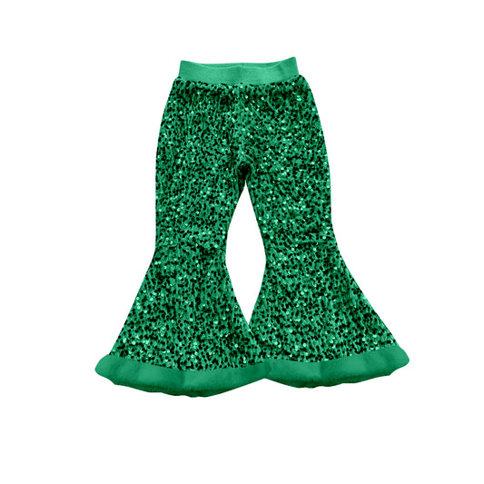(Pre-order)P0802 Green Sequins Girls Fur Bell Bottom Pants