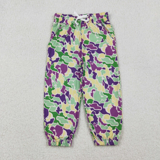 P0838 Purple Green Camo Print Kids Joggers Mardi Gras Bottom Pants