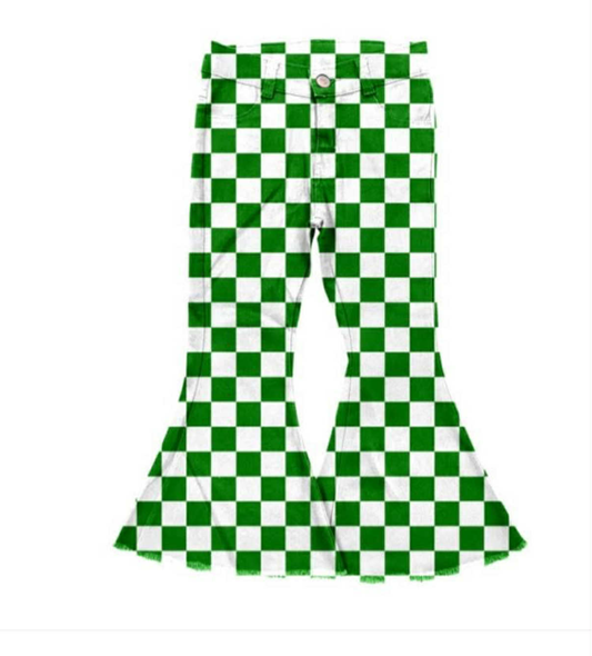(Pre-order)P0841   Green Plaid Denim Bell Bottom Jeans Girls Pants