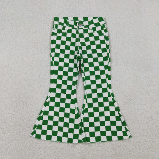 P0841   Green Plaid Denim Bell Bottom Jeans Girls Pants