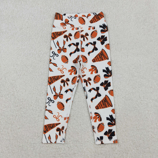P0847 Go Team Cheer Bows Orange Print Girls Bottom Legging Yoga Pants