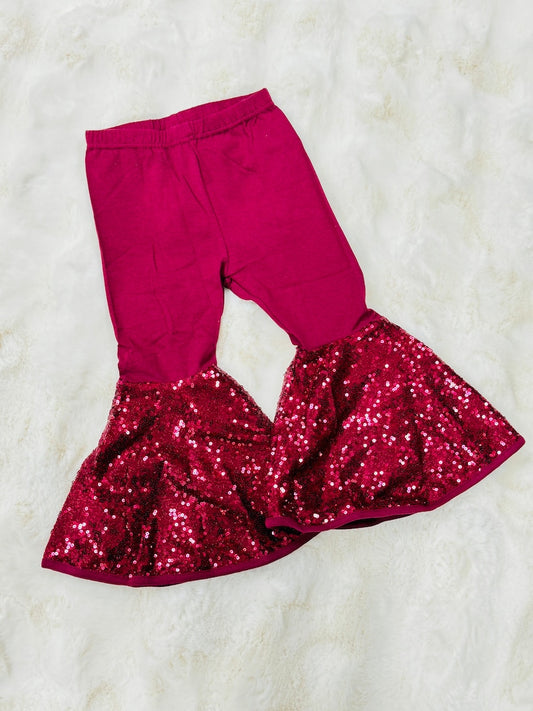 (Pre-order)P0856 Wine Sequin Girls Bell Bottom Pants