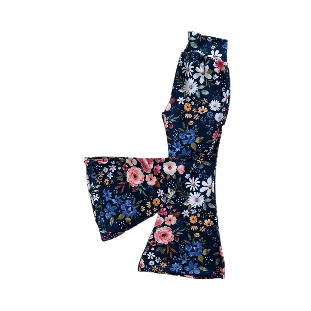 (Pre-order)P0883 Colorful Flowers Navy Print Girls Bell Bottom Pants