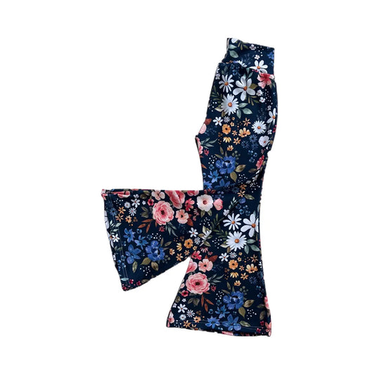 (Pre-order)P0883 Colorful Flowers Navy Print Girls Bell Bottom Pants