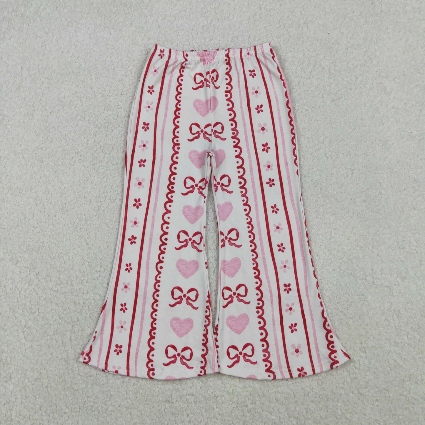 P0894 Heart Bows Flowers Print Girls Valentine's Day Bell Bottom Pants
