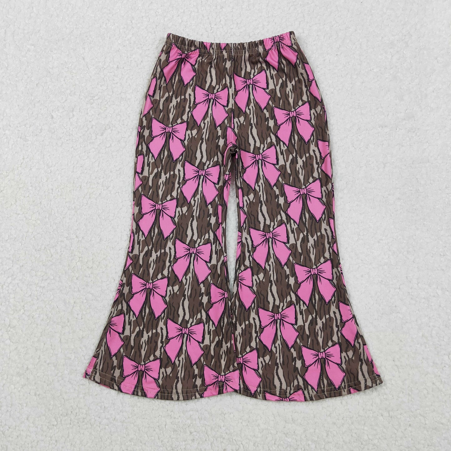 P0896 Pink Bows Camo Print Girls Bell Bottom Pants