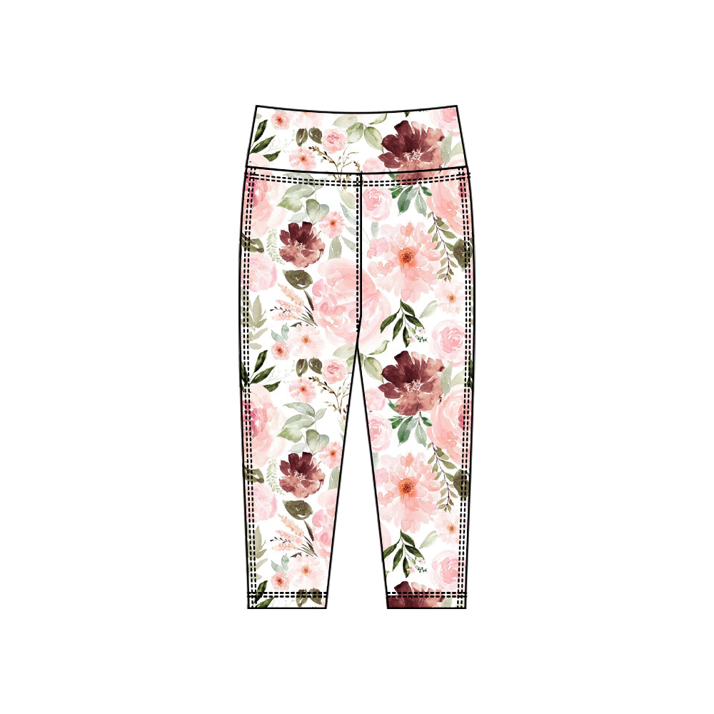 (Pre-order)P0915 Pink Wine Flowers Print Girls Bottom Legging Yoga Pants