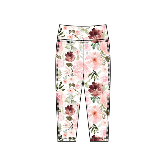 (Pre-order)P0915 Pink Wine Flowers Print Girls Bottom Legging Yoga Pants