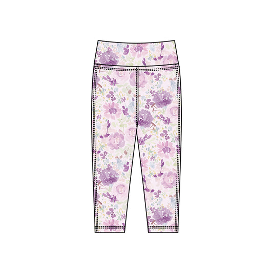 (Pre-order)P0916 Purple Flowers Print Girls Bottom Legging Yoga Pants