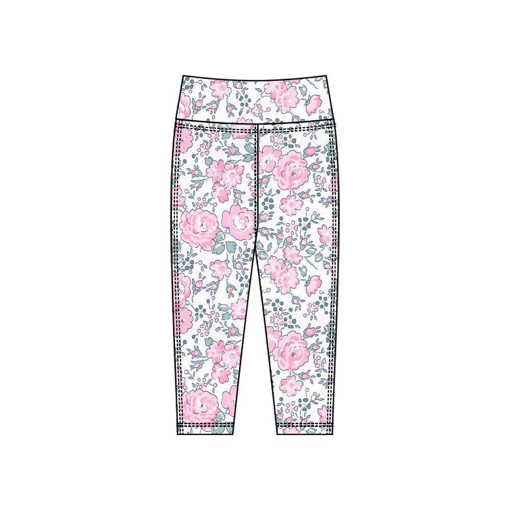 (Pre-order)P0917 Pink Flowers Print Girls Bottom Legging Yoga Pants