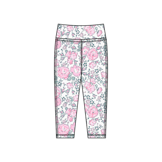 (Pre-order)P0917 Pink Flowers Print Girls Bottom Legging Yoga Pants