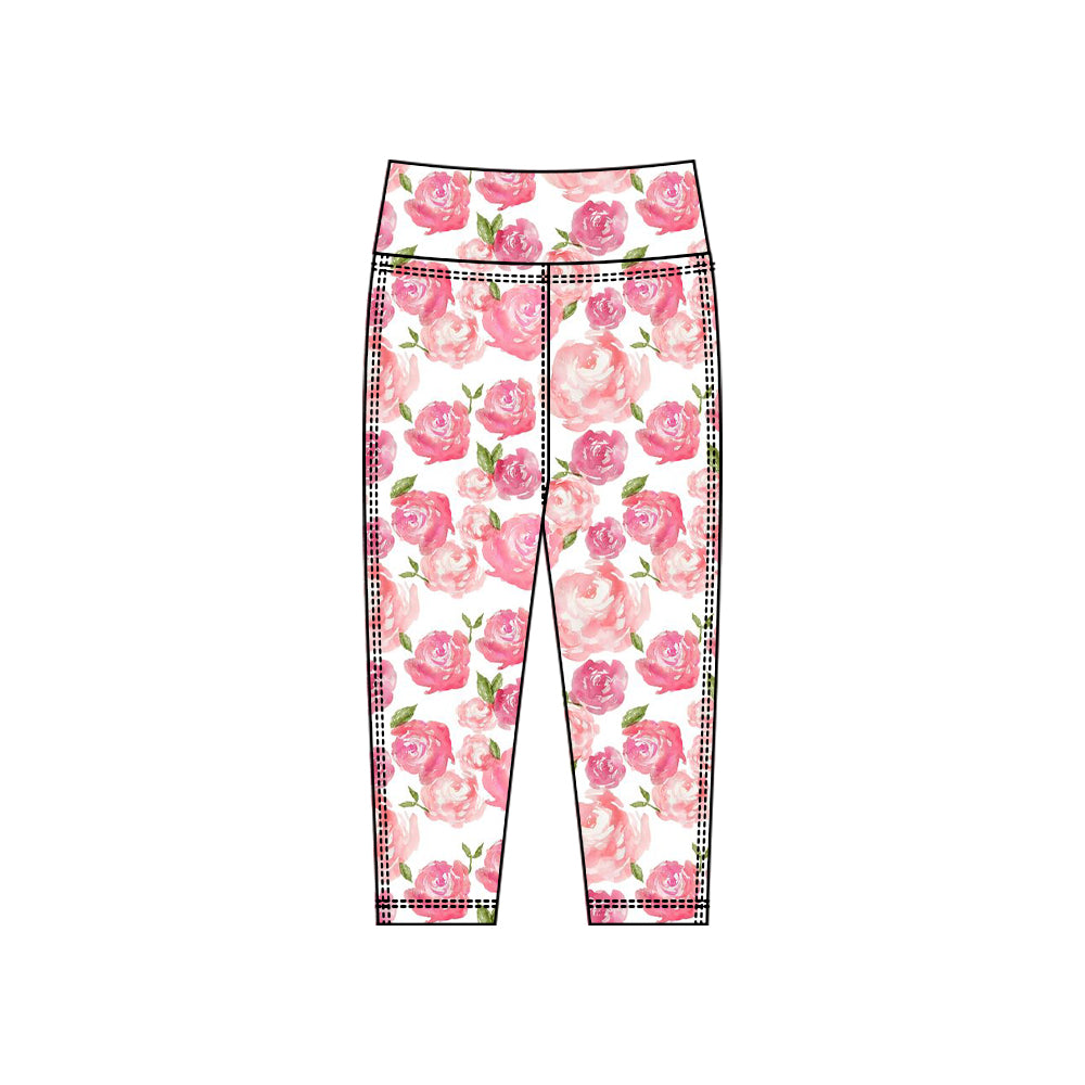 (Pre-order)P0920 Pink Flowers Print Girls Bottom Legging Yoga Pants
