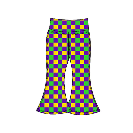 (Pre-order)P0934 Plaid Print Girls Mardi Gras Yoga Bell Bottom Pants