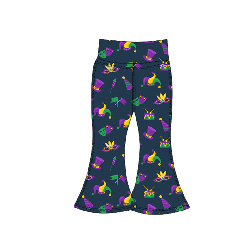 (Pre-order)P0939 Mask Hat Print Girls Mardi Gras Yoga Bell Bottom Pants