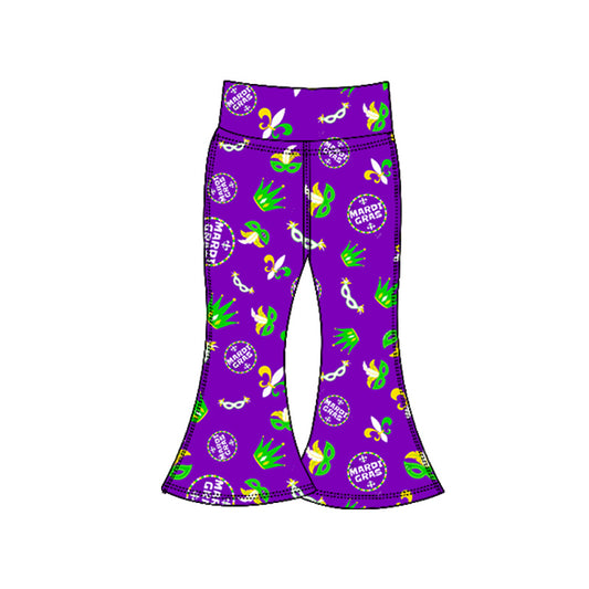 (Pre-order)P0940 Mask Anchor Purple Print Girls Mardi Gras Yoga Bell Bottom Pants