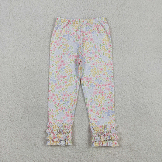 P1005 Colorful Flowers Print Girls Ruffles Bottom Legging Pants