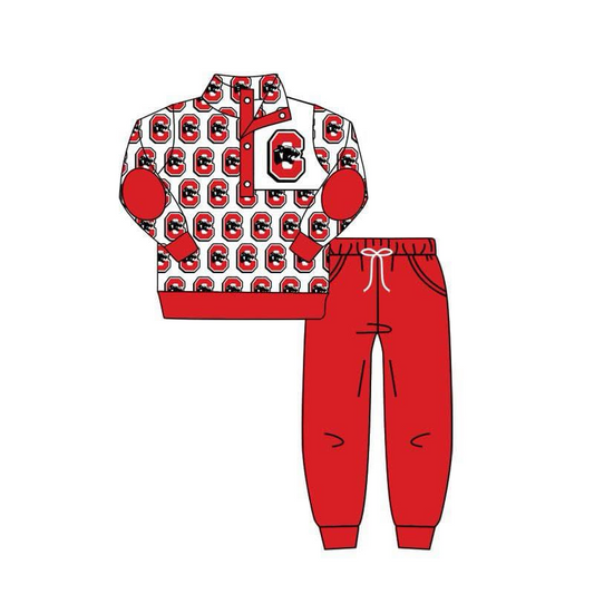 (Custom Design Preorder MOQ 5) Team's C PANTHERS Red Print Pullover Top Pockets Pants Boys Fall Clothes Set