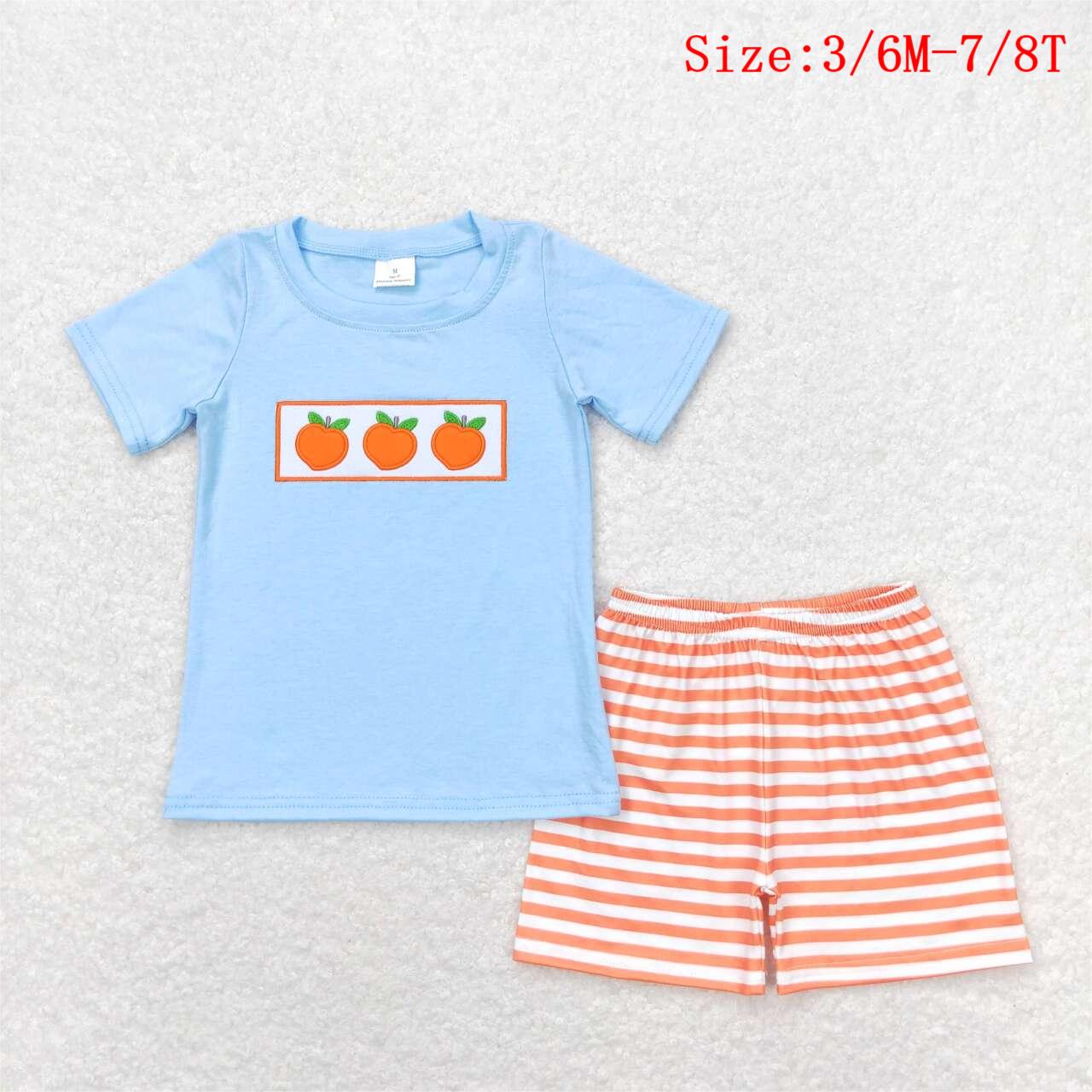 BSSO0417 Peach Embroidery Blue Top Orange Stripes Shorts Boys Summer Clothes Set