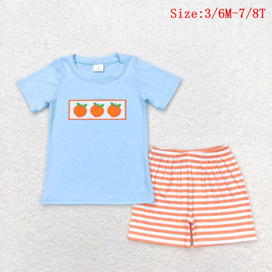 BSSO0417 Peach Embroidery Blue Top Orange Stripes Shorts Boys Summer Clothes Set