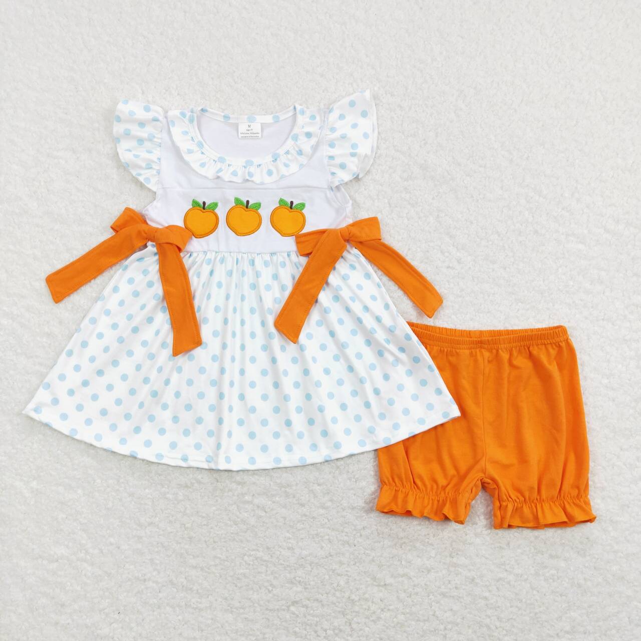 GSSO0451 Peach Embroidery Blue Dots Tunic Top Orange Shorts Girls Summer Clothes Set