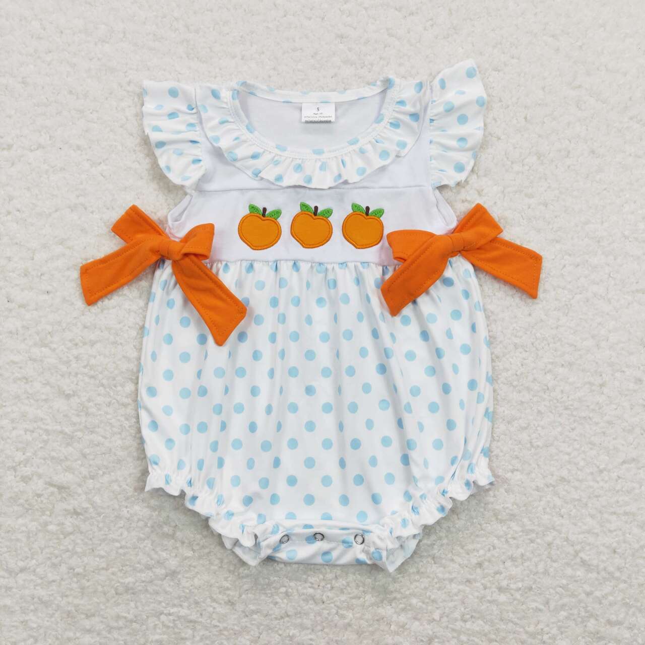 SR0737  Peach Embroidery Blue Dots Print Baby Girls Summer Romper