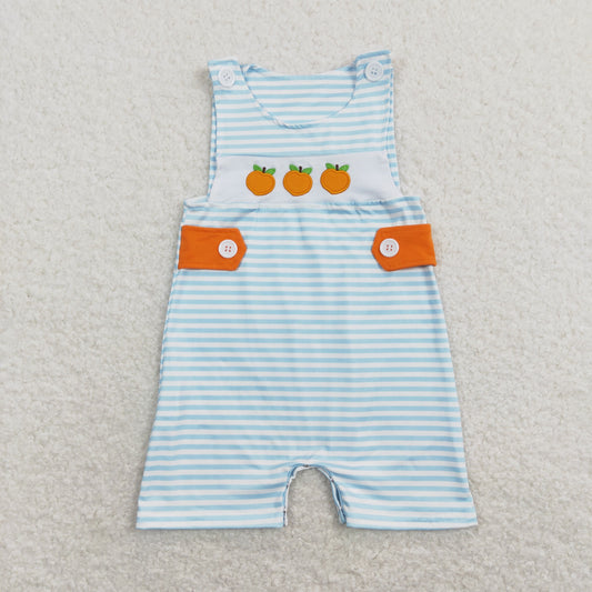 SR0738  Peach Embroidery Blue Stripes Print Baby Boys Summer Romper