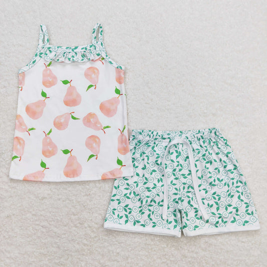 GSSO0867  Pear Print Top Flowers Shorts Girls Summer Clothes Set