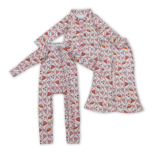 Pie Flowers Bows Girls Thanksgiving Pajamas Clothes Sisters Matching Wear