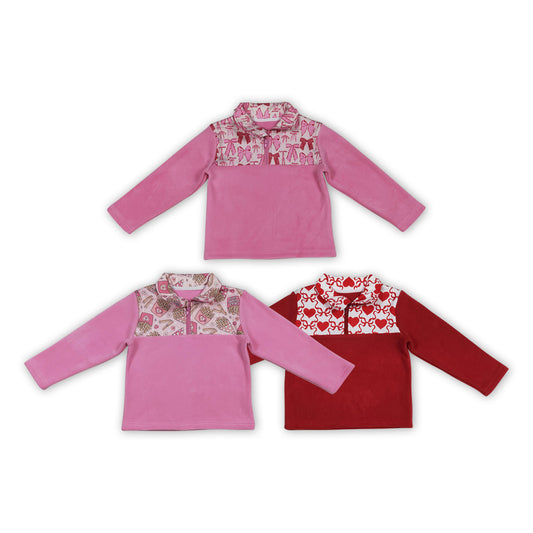 Pink Bows Hearts Print Girls Valentine's Day Zipper Thick Pullover Top Sisters Wear