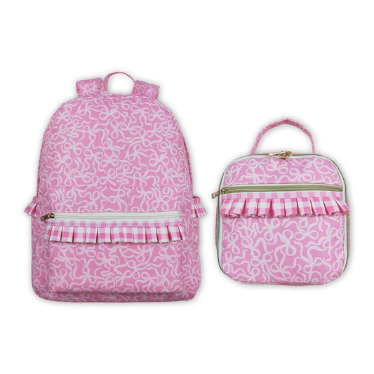 Pink Bows Print Ruffle Girls Go to School Bags Backpack Lunch Boxes
