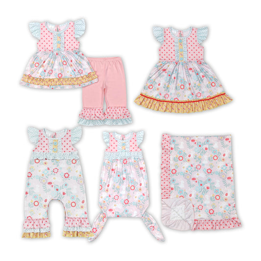 Pink Flowers Bunny Print Sisters Easter Matching Clothes