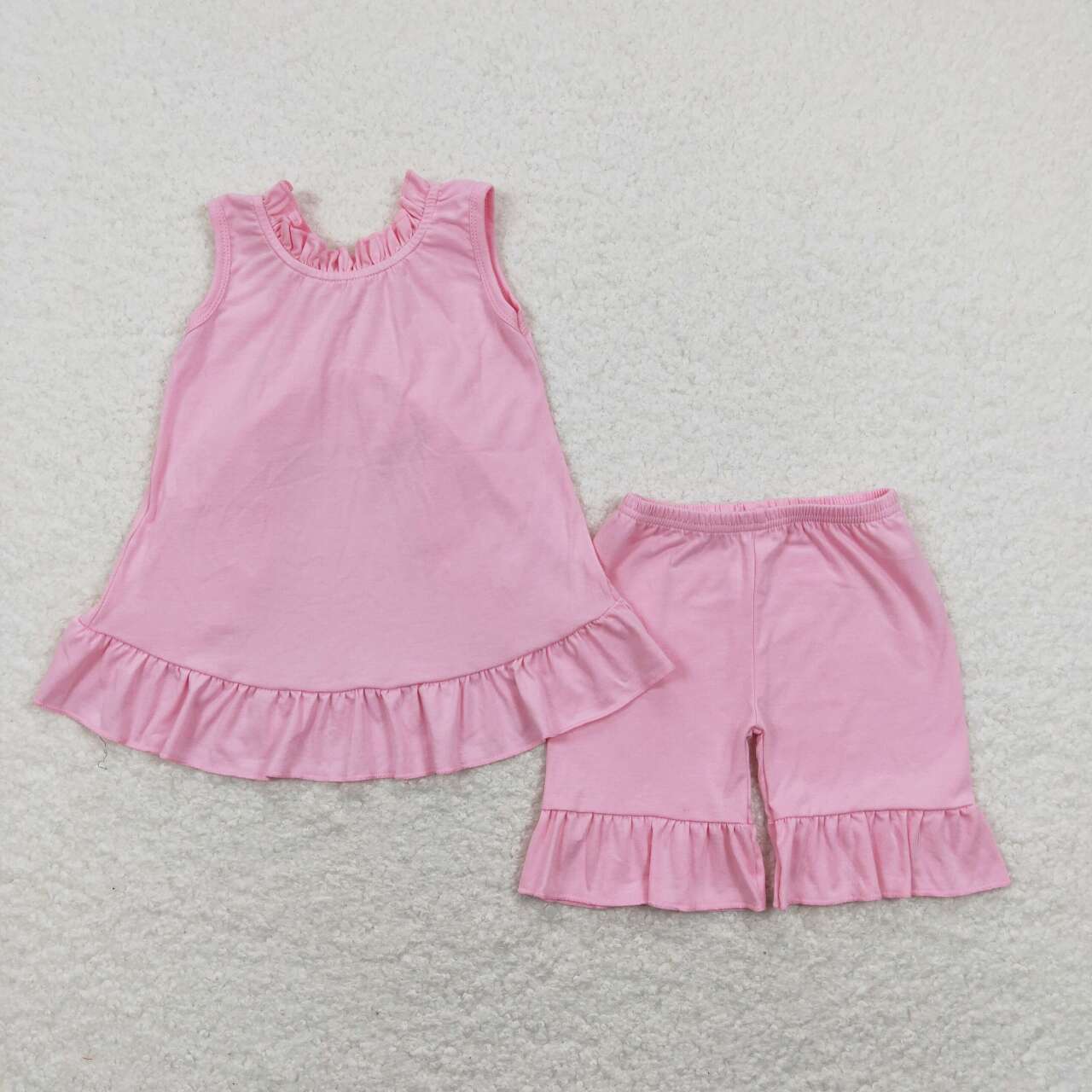 GSSO0518 Pink Backless Bow Top Ruffle Shorts Girls Summer Clothes Set