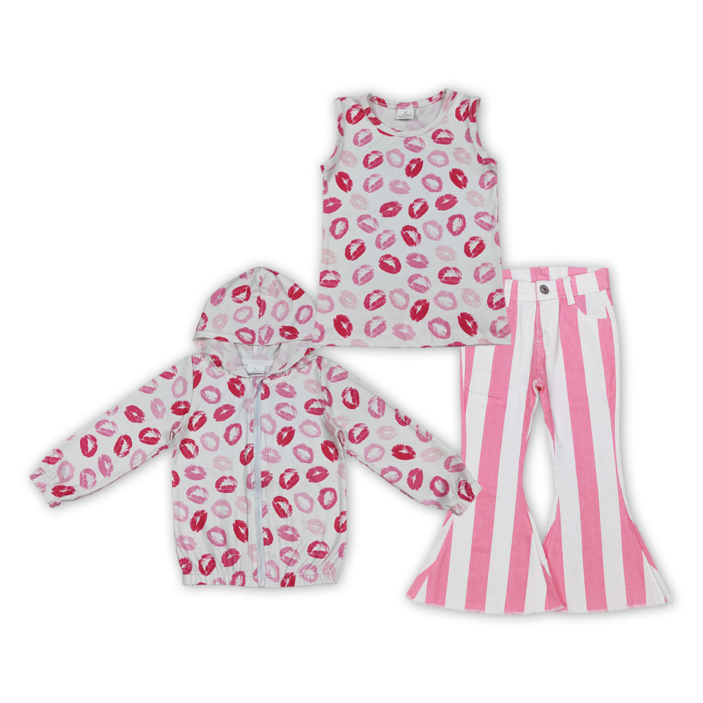 Pink Kiss Top Pink Stripes Bell Jeans Girls Valentine's Day Clothes Set