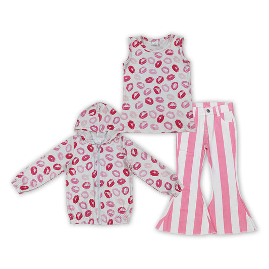 Pink Kiss Top Pink Stripes Bell Jeans Girls Valentine's Day Clothes Set