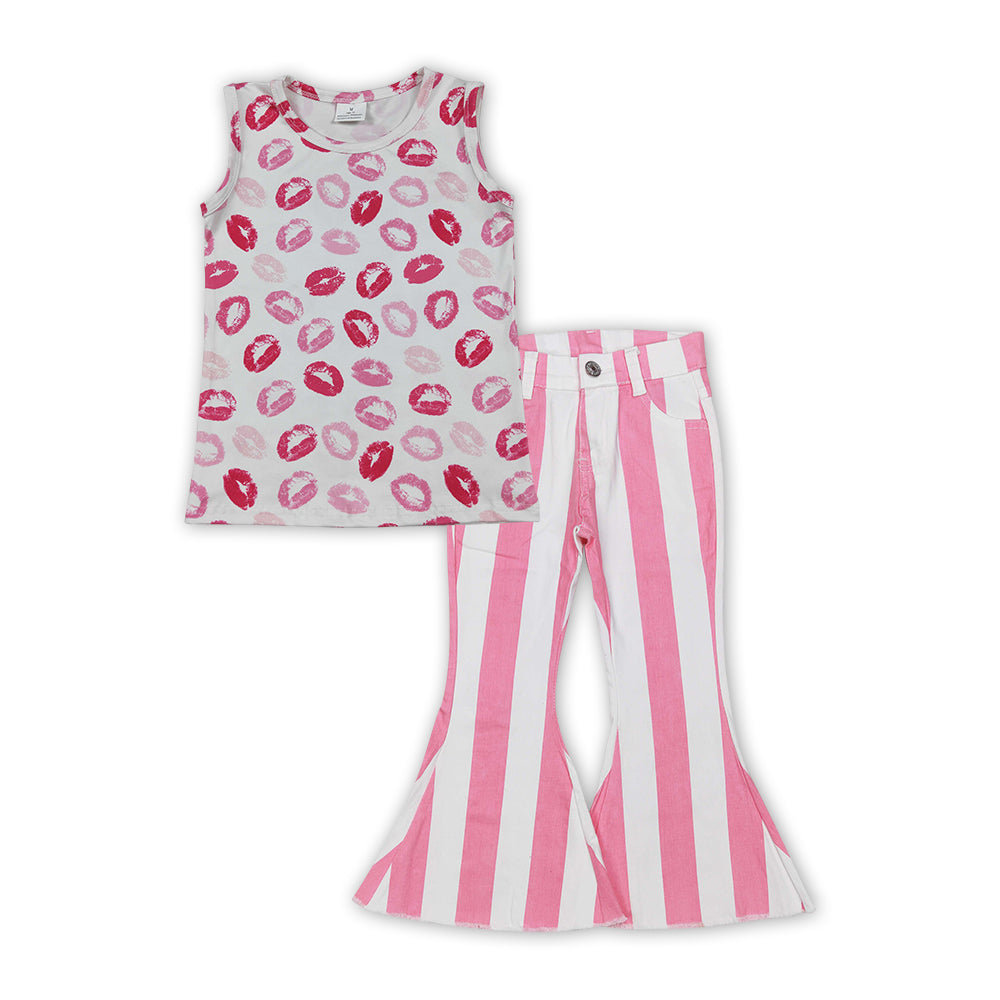 Pink Kiss Top Pink Stripes Bell Jeans Girls Valentine's Day Clothes Set