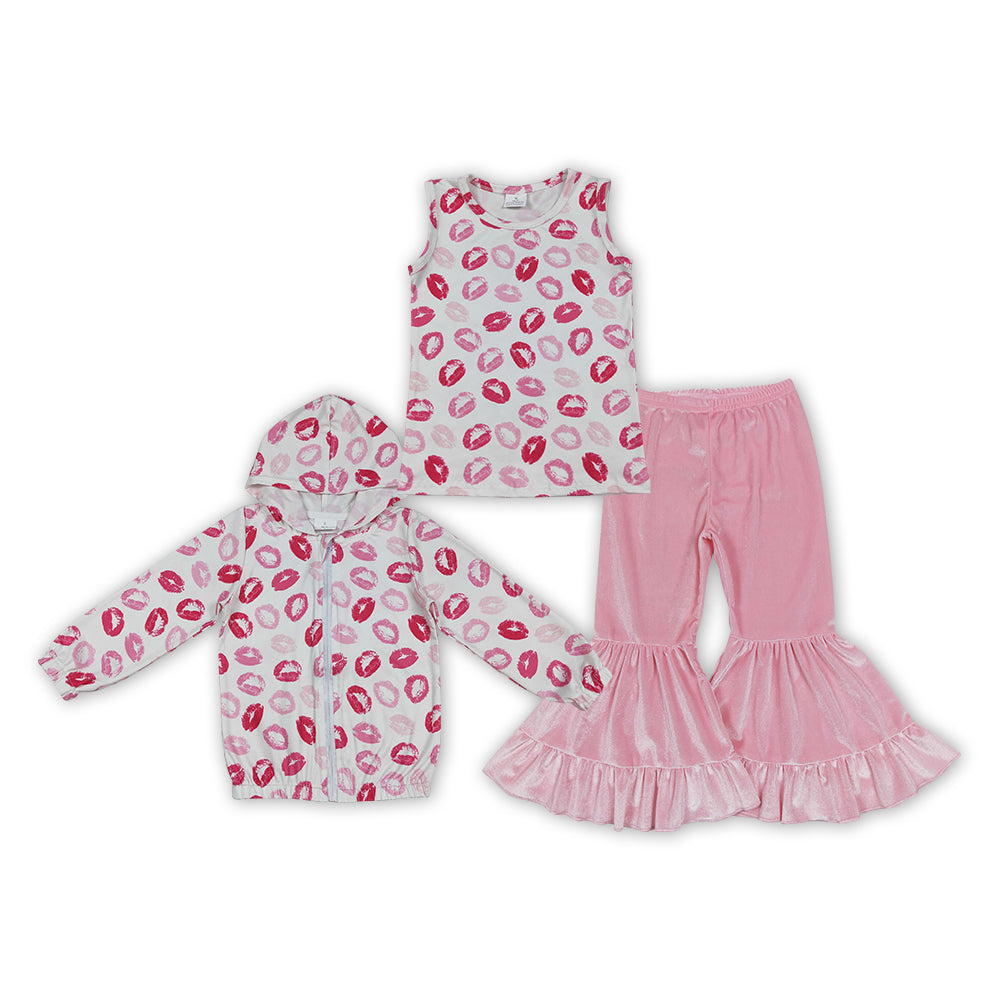 Pink Kiss Top Pink Velvet Ruffles Bell Pants Girls Valentine's Day Clothes Set