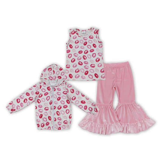 Pink Kiss Top Pink Velvet Ruffles Bell Pants Girls Valentine's Day Clothes Set