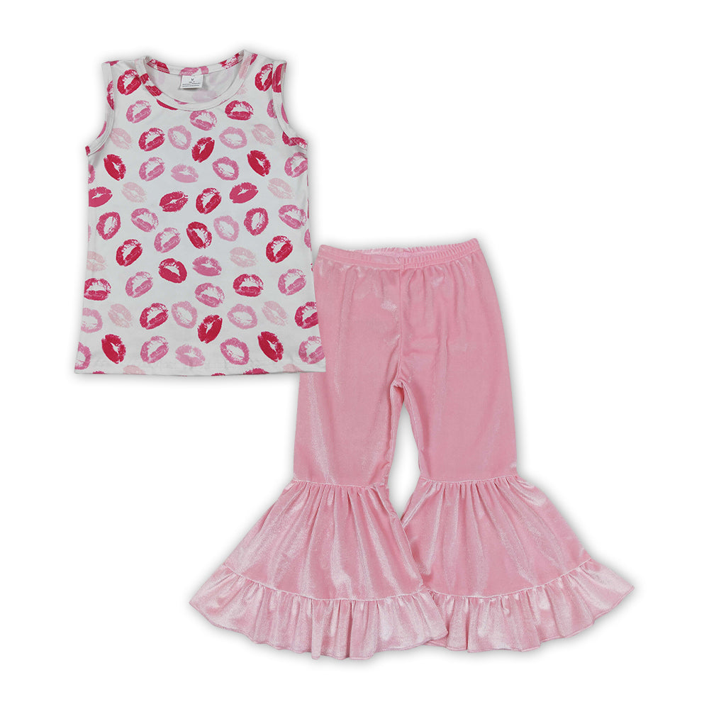 Pink Kiss Top Pink Velvet Ruffles Bell Pants Girls Valentine's Day Clothes Set