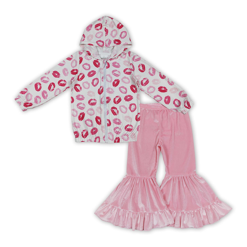 Pink Kiss Top Pink Velvet Ruffles Bell Pants Girls Valentine's Day Clothes Set