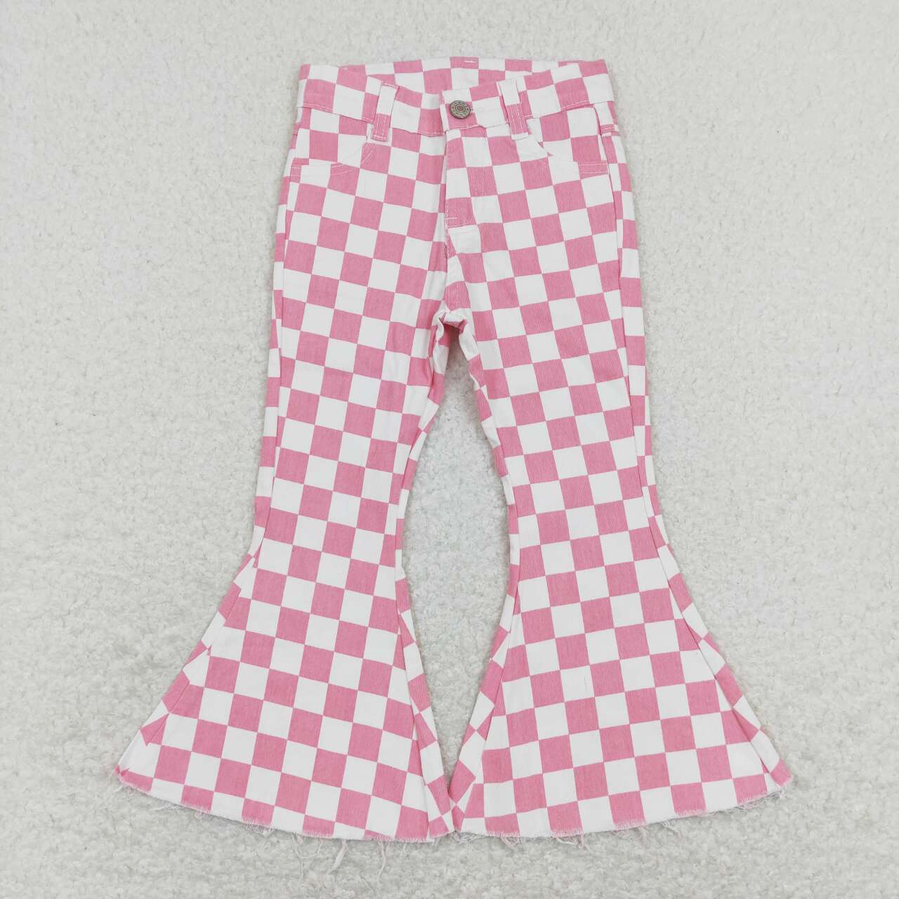 P0348 Pink Plaid Denim Bell Bottom Jeans Girls Pants