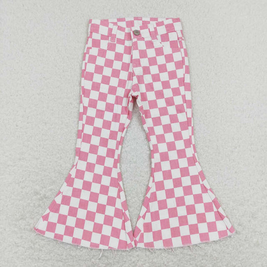 P0348 Pink Plaid Denim Bell Bottom Jeans Girls Pants