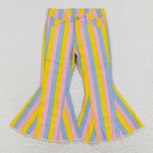 P0332 Blue Pink Yellow Stripes Denim Bell Bottom Jeans Girls Pants