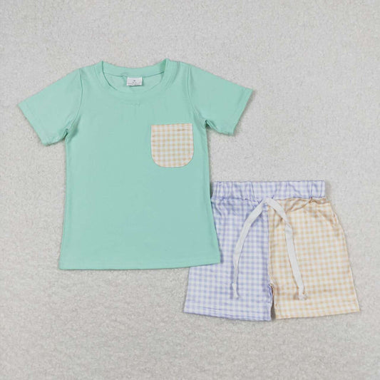 BSSO0680  Green Pocket Top Plaid Shorts Boys Summer Clothes Set